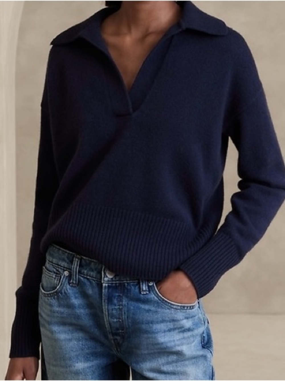 Banana Republic 100% Cashmere Navy V-Neck Collared Knit Polo Sweater